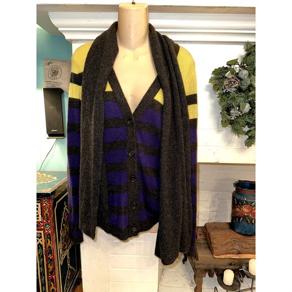 VINTAGE Y2K VKOO STRIPED CASHMERE CARDIGAN SWEATER W/ ATTACHED SCARF S - Picture 7 of 7